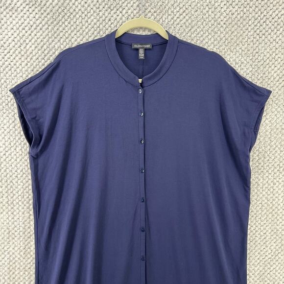 Eileen Fisher Dress Womens M Blue Jersey Stretch Midi Shirt Button Up Cap Sleeve - Picture 3 of 10